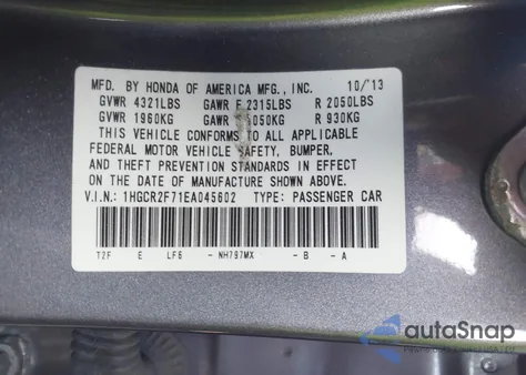 2014 Honda Accord Ex from USA, damaged, VIN 1HGCR2F71EA045602